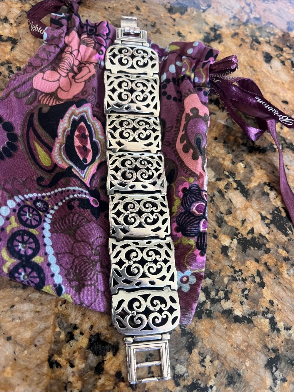 Retired Brighton Silvertone Filigree scroll hinged link bracelet. 7"